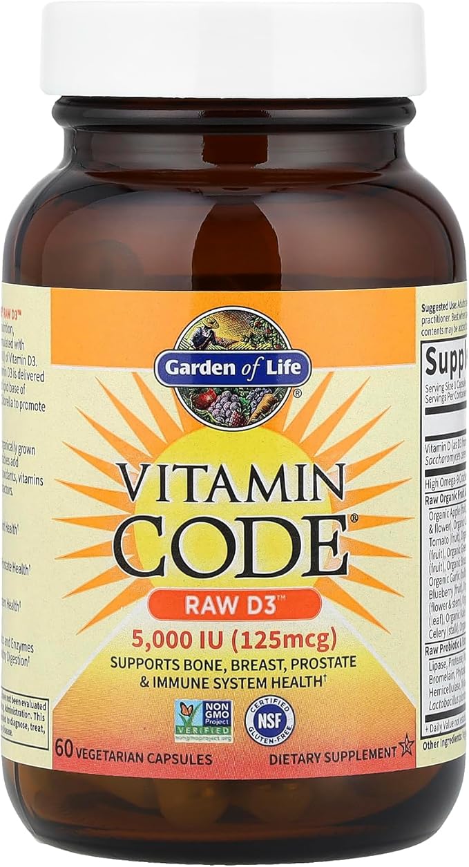 Garden of Life Vitamin D3 5000 IU Raw Whole Food Supplements with Chlorella Fruit Veggies &amp Probiotics for Bone &amp Immune Health 60 Vegetarian Capsules