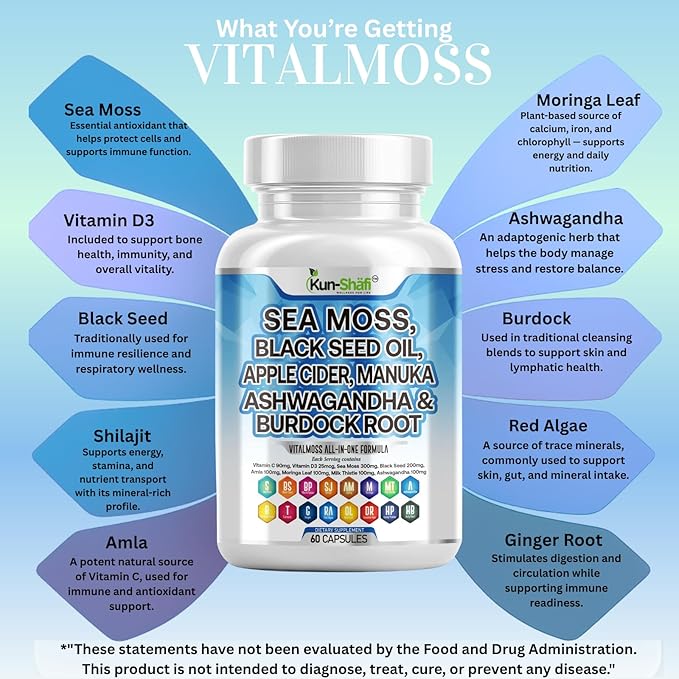 Sea Moss Complex with Black Seed Oil Ashwagandha Burdock Root Shilajit Amla Moringa Turmeric Manuka Ginger Vitamin C Vitamin D3 120 Count (Pack of 2)