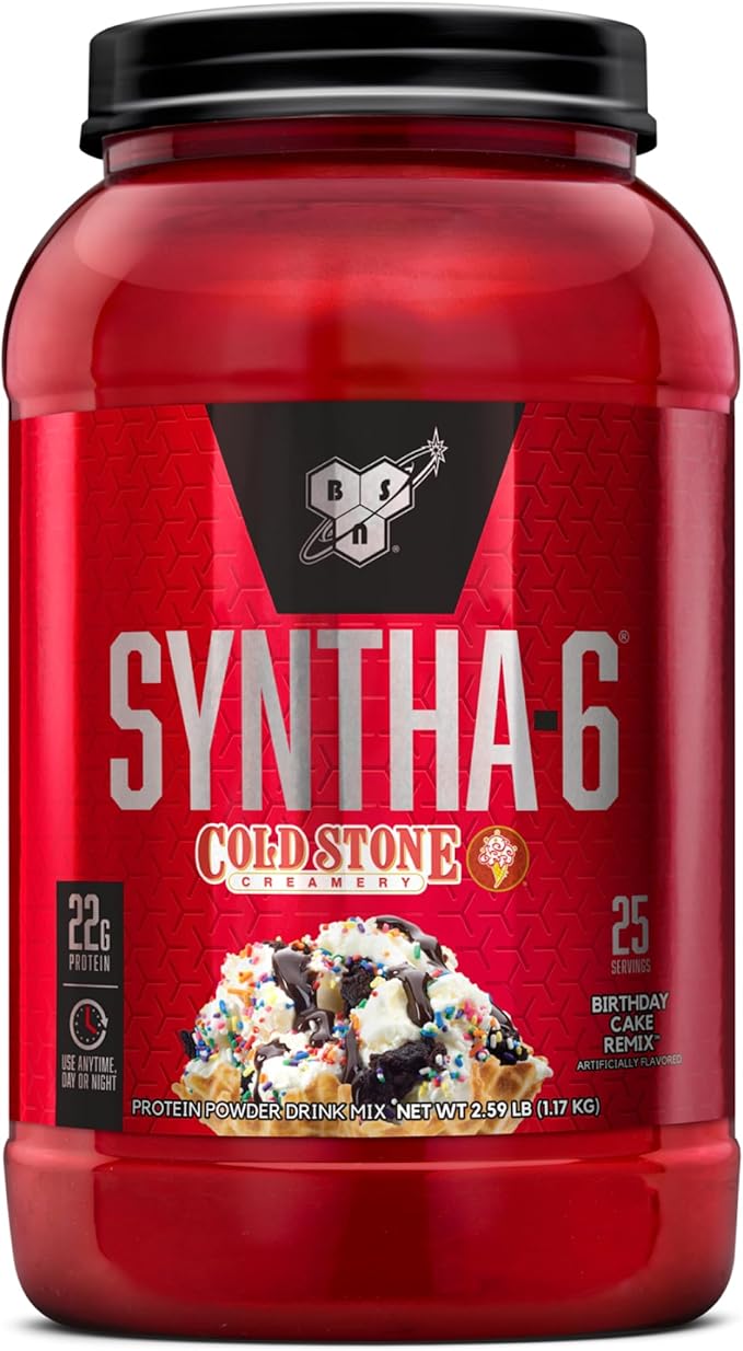 BSN Syntha-6 Whey Protein Powder Cold Stone Creamery- Birthday Cake Remix Flavor Micellar Casein Milk Protein Isolate Powder 25 Servings