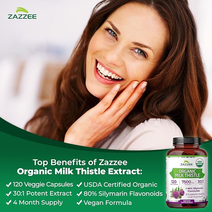 Zazzee USDA Organic Milk Thistle 30:1 Extract 80% Silymarin 120 Vegan Capsules 4 Month Supply Certified Kosher High Potency Liver &amp Antioxidant Support Silybum Marianum Non-GMO Made in the