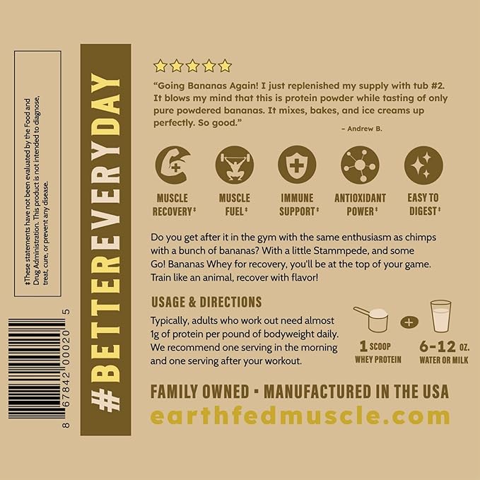 Earth Fed Muscle Go! Bananas Irish Grass‑Fed Whey Protein Isolate – All Natural Banana Flavor Zero Added Sugar Soy‑Free Gluten‑Free (2lb 27 Servings Banana)