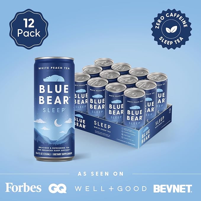 Blue Bear Melatonin Sleep Drink Sleep Tea for Bedtime Support White Peach Tea with Melatonin (5mg) Lavender Ashwagandha Chamomile GABA L-Theanine Caffeine-Free Zero Sugar 8.4 Fl Oz 12-Pack