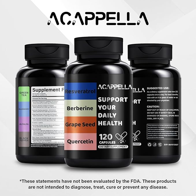 ACAPPELLA Resveratrol Berberine Grape Seed Quercetin Capsule - Polyphenols Supplement with Green Tea Extract N-Acetyl-L-Cysteine Digestive Gut Health Supplement (1)