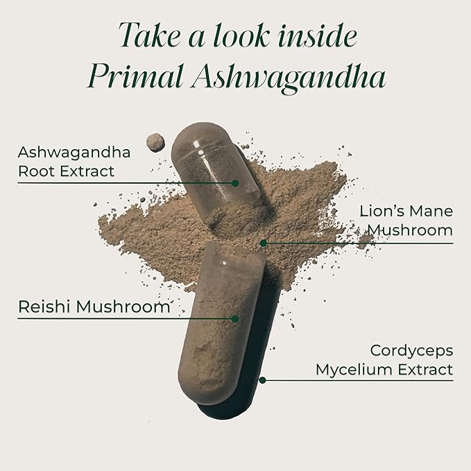 Primal Harvest Ashwagandha Supplement with 5 Mushroom Extracts: Lion’s Mane Reishi Cordyceps Turkey Tail &amp Maitake for Immune Support &amp Cognitive Health (60 Count (Pack of 2)