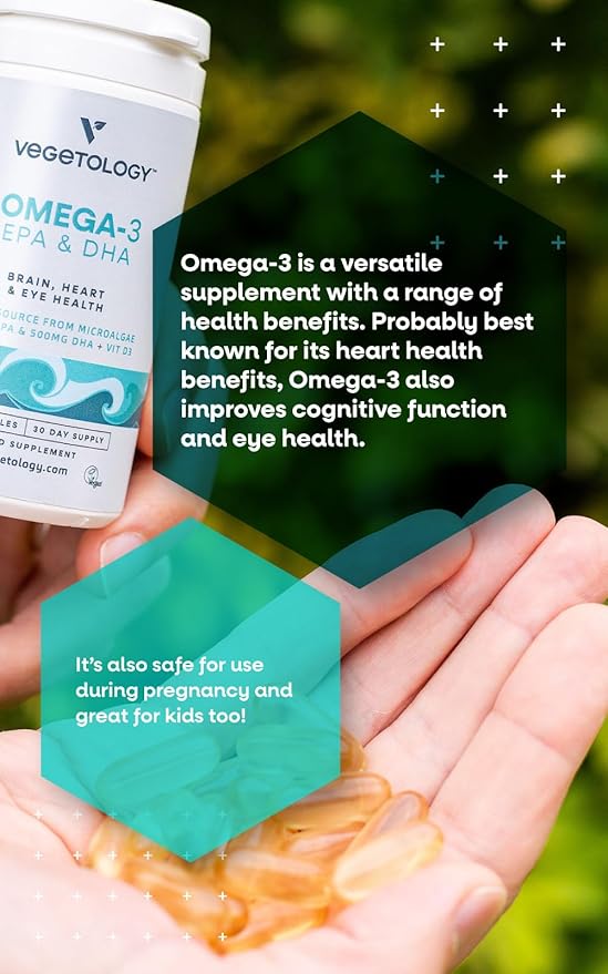 Vegan Omega 3 Supplement (60 Capsules) – Omega-3 EPA Vitamin D3 &amp DHA Supplements - Algae Omega 3 Vegan Supplements for Brain Eye &amp Heart Health – Omega 3 for Kids &amp Adults
