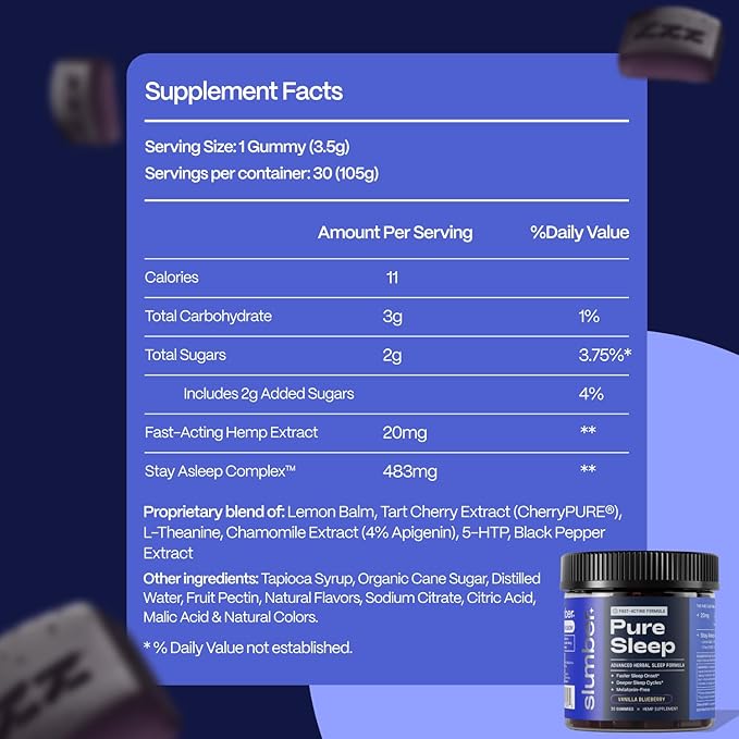 Slumber Pure Sleep | Fast Acting Sleep Gummies to Fall Asleep and Stay Asleep | with Lemon Balm L Theanine Tart Cherry Chamomile | Natural Melatonin Free 30 Count