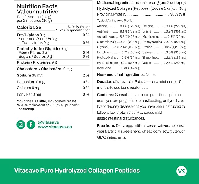 Vitasave Collagen Peptides Powder – 10g Hydrolyzed Collagen per Serving – Unflavored Grass-Fed Keto Friendly – Skin Hair Nails &amp Joint Support – 500g