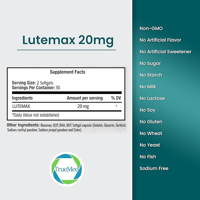 Lutemax 20mg 30 Days Supply Eye Supplement - Supports Macular Health Vision Clarity Heart Health Protects Eyes from Blue Light &amp Photons Antioxidant Protection GMP Certified 60 Softgel.