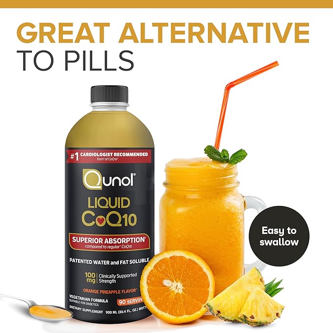 Qunol CoQ10 Liquid Supplement 100mg Superior Absorption Natural Form of Coenzyme Q10 Antioxidant for Heart Health Orange Pineapple Flavored 90 Servings 30.4 oz Bottle
