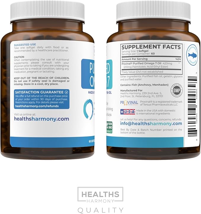 Omega 7 Supplement for Women and Men - High Potency &amp Purity Palmitoleic Acid Fatty Acid Fish Oil Supplement from Patented Provinal with Lowest Palmitic Acid - Sustainably Sourced (2 Month Supply)
