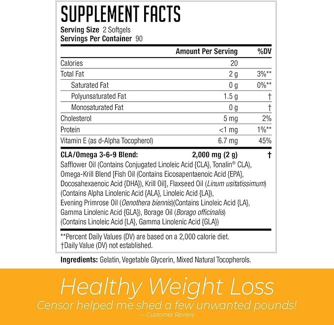 NDS Nutrition Censor - Fat Loss and Body Toner with CLA Fish Oil Safflower and Omega 3-6-9 Blend - Dietary Supplement for Improved Energy and Health (90 Softgels)