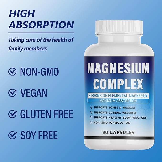 Magnesium Complex Supplement - 8 Elemental Magnesium 1000mg - Glycinate Citrate Malate Taurate Chelated | Easy Absorption Energy Support | Vegan Non-GMO 90 Capsules (1pc)