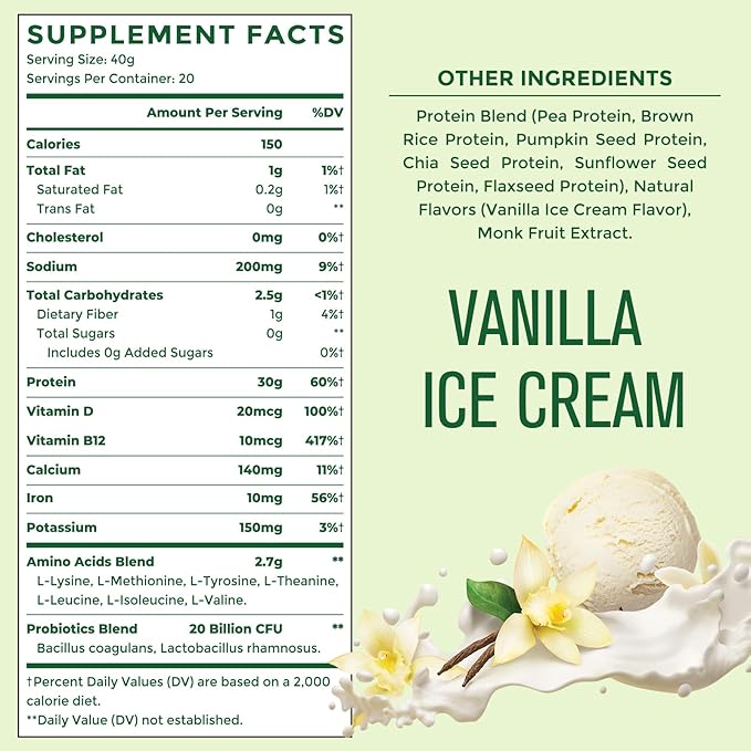 30g Plant-Based Protein Powder 5-in-1 Vegan Protein Powder Vanilla 0g Sugar with 20 Billion CFU Probiotics BCAA Vitamins and Minerals Digestive Support Keto-Friendly Low Carb 20 Servings