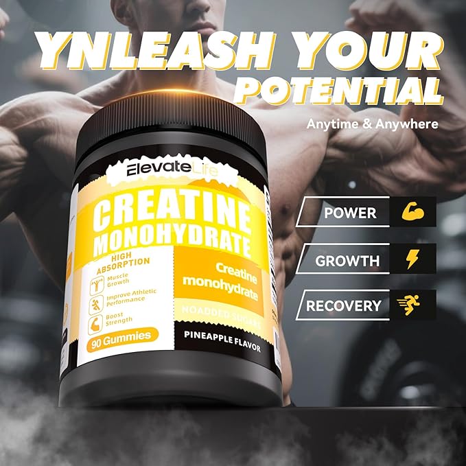 ElevateLife NSF Certified Creatine Monohydrate Gummies 5000mg for Men &amp Women Chewables Creatine Monohydrate for Muscle Strength Muscle Builder Energy Boost Pre-Workout Supplement-90 Pineapple