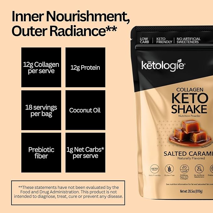 Keto Collagen Shake (Salted Caramel) - with Coconut Oil Prebiotics Grass Fed Hydrolyzed Collagen Peptides Type I &amp III Low Carb Gluten Free1.78lbs. (810g)