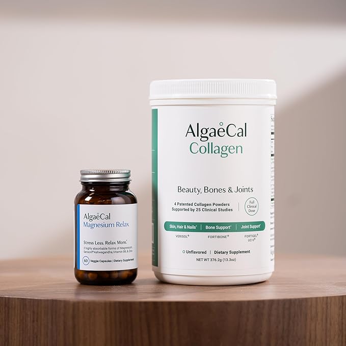 ALGAECAL Collagen - 4 Clinically-Supported Peptides VERISOL® FORTIGEL® UC-II® FORTIBONE® Collagen Powder 3 Packs Magnesium Relax™ - Chelated Magnesium with Ashwagandha (60 Caps)