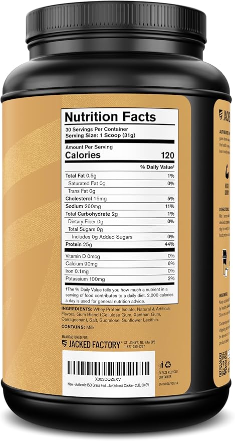 Jacked Factory Authentic ISO Whey Protein Isolate Powder - Low Carb Non-GMO Muscle Building Protein w/No Fillers Post Workout Recovery - 30 Servings Vanilla Oatmeal Cookie