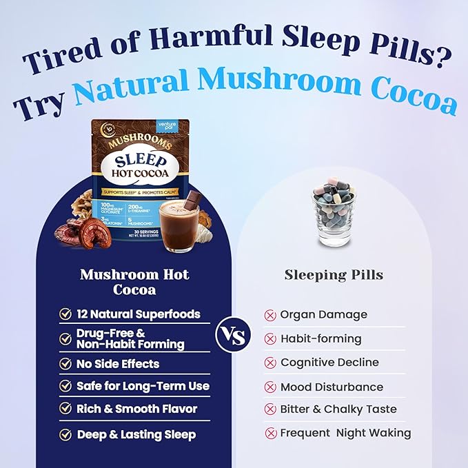 Mushroom Hot Cocoa Powder with Magnesium Glycinate Natural Sleep Aid with Reishi &amp L-Theanine for Adults 12 Superfoods Melatonin 3mg Unsweetened Hot Chocolate Drink Mix for Sleep 30 Servings