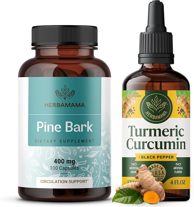 HERBAMAMA Turmeric Extract and Pine Bark Kit - Bundle of 400 mg French Maritime Capsules &amp Turmeric Extract Tincture 2 fl oz - Vegan Non-GMO Sugar &amp Alcohol-Free - 2 Pack