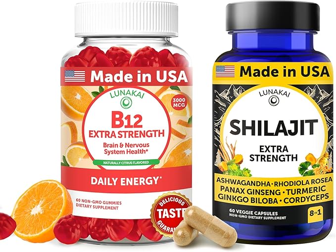Lunakai USA Made B12 Gummies &amp Shilajit Capsules Bundle – Extra Strength Daily Energy &amp Wellness Support