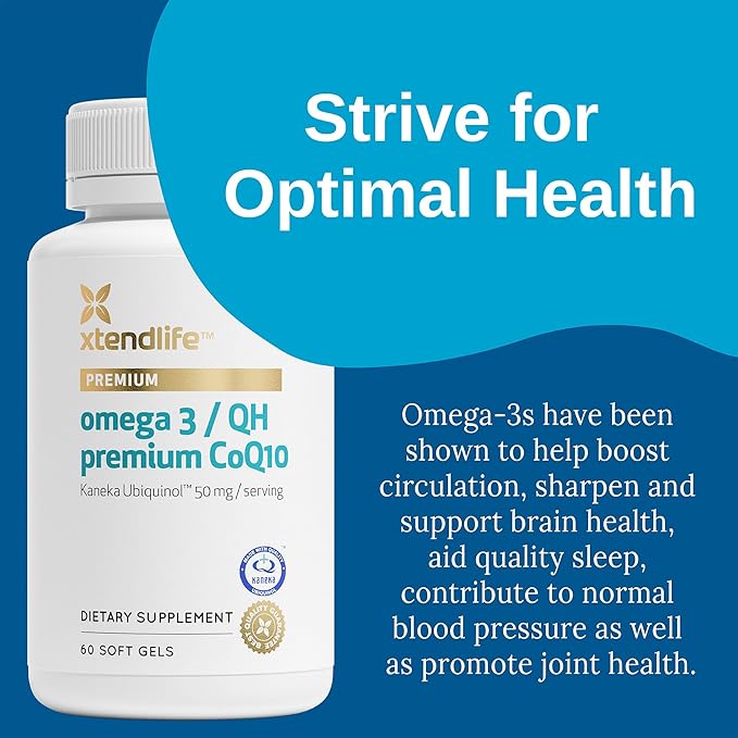 Xtendlife Omega 3 QH Fish Oil + CoQ10 for Heart Brain Joint &amp Skin-1100mg Omega - 3 with DHA EPA Ubiquinol Astaxanthin &amp Lycopene - 1 Month Supply (60 Count)