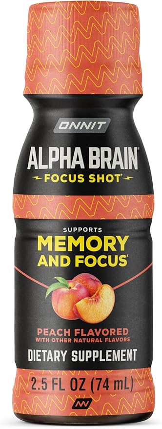 ONNIT Alpha Brain Focus Shot Peach Flavor Nootropic Dietary Supplement Drink that Supports Energy Focus and Mood IGEN™ Non-GMO Tested 2.5 fl oz 6 Count
