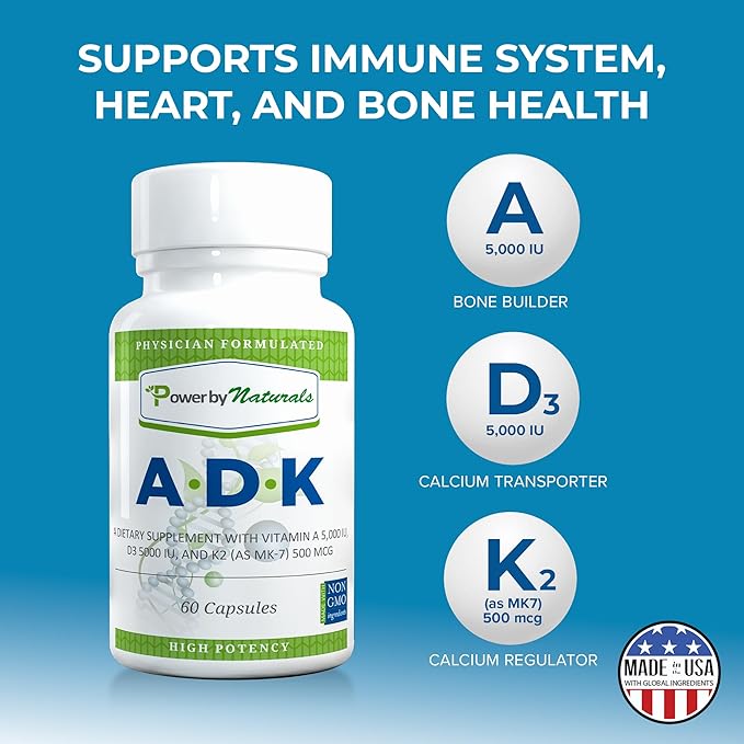 Power By Naturals ADK Vitamin Supplement – High Potency Blend of Vitamin A D3 5000 IU &amp K2 MK7 for Bone Health – Vitamin A D K Supplement – 60 Capsules (2 Month Supply)