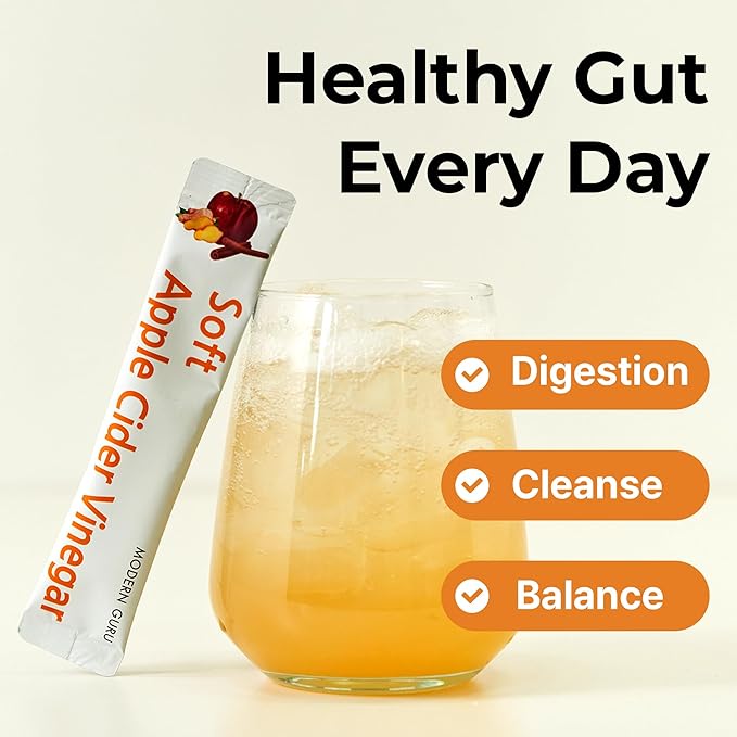 MODERN GURU Apple Cider Vinegar Packets with the Mother – ACV Drink Sticks | 93% ACV with Ginger &amp Cinnamon | Sugar-Free Supports Digestion &amp Detox Low-Calorie | Travel Size On-the-Go Packet