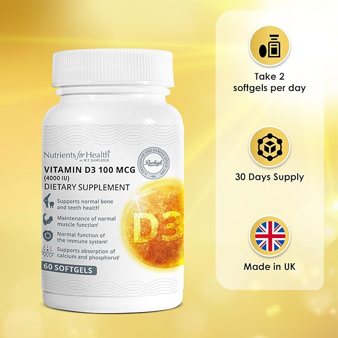 Rawleigh Vitamin D3 50 MCG: 60 Softgels 30 Days Supply. High Strength Cholecalciferol 4000iu (100μg). Immune Healthy Teeth Supports Calcium Absorption Bones &amp Muscles. Gluten-Free GMO-Free
