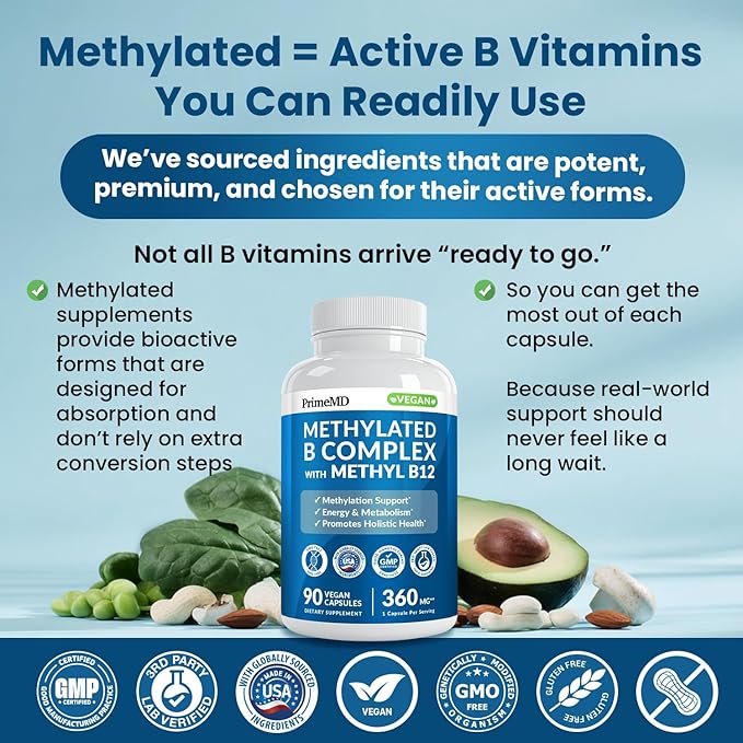 Methylated B Complex with Methylfolate and B12 Methylcobalamin 1000 mcg - Methylated Multivitamin for Energy Brain Function and Wellness - Vitamin B Complex for Men &amp Women (360 Servings Pack o