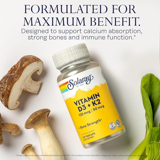 SOLARAY Vitamin D3 K2 and Magnesium Glycinate - Bone Health Bundle - Calcium Absorption Nerve Heart and Immune Support w/ 5000 IU Vitamin D 350mg Chelated Magnesium 60-Day Guarantee 120ct/120ct