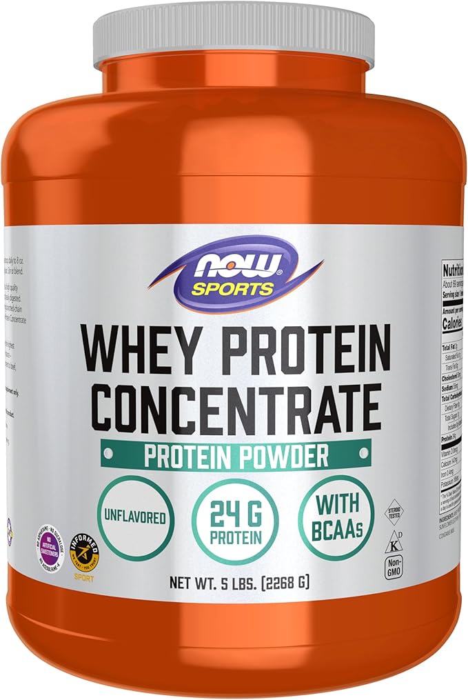 NOW Foods Sports Nutrition Whey Protein Concentrate 24 G With BCAAs Unflavored Powder 5-Pound