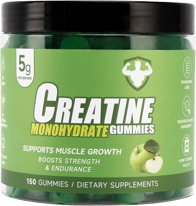 Bruce &amp Shark Creatine Monohydrate Gummies with 5g Per Serving Supports Muscle Growth Boosts Strength &amp Endurance No Gelatin No Artificial Sweeteners 150 Count (Green Apple)