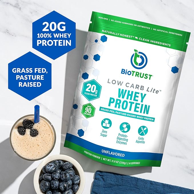 BioTrust Low Carb Lite Low Calorie Protein Powder – Low Carb Sugar Free Low Sodium Keto Protein Powder – 20g Grass-Fed Whey Protein Isolate with Digestive Enzymes – Unflavored 14 Servings
