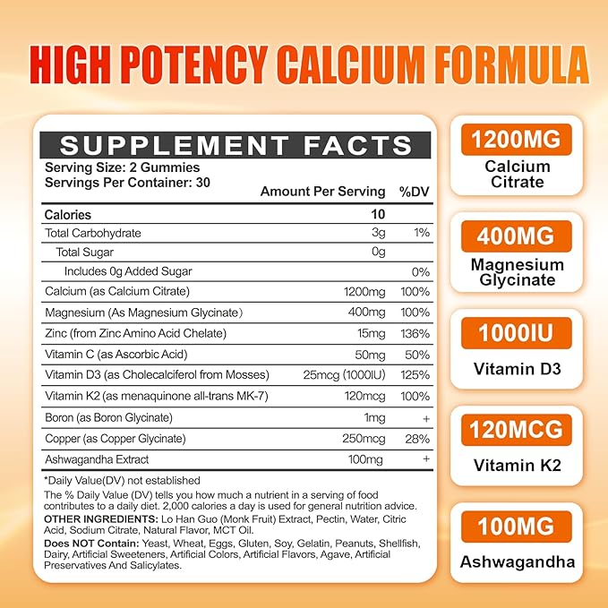 Calcium 1200 mg with Vitamin D3 Gummies for Adults - Calcium Citrate with Vitamin D3 K2 Magnesium Zinc Boron Copper and Ashwagandha - Extra Absorption Calcium Supplement for Women Men