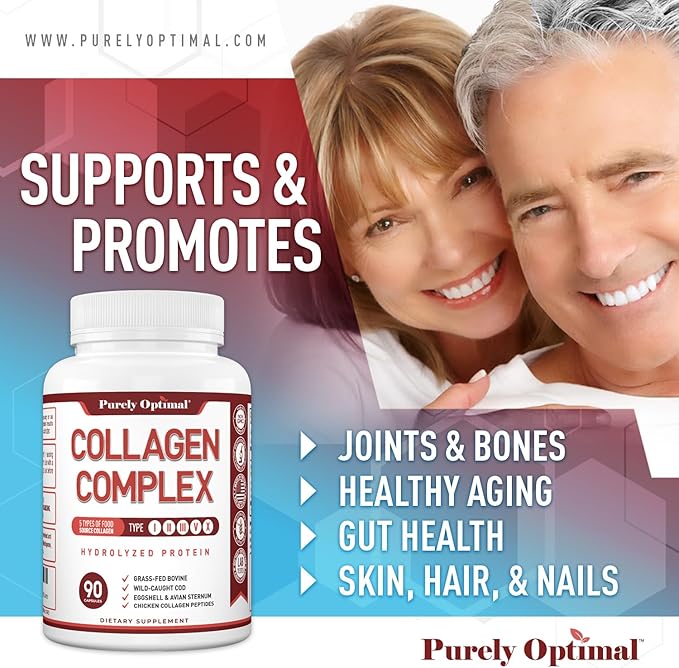 Purely Optimal Premium Multi Collagen Peptides Capsules (Types I II III V X) - Hair Skin and Nails Digestive &amp Joint Health Supplement Hydrolyzed Collagen Pills (90 Capsules)