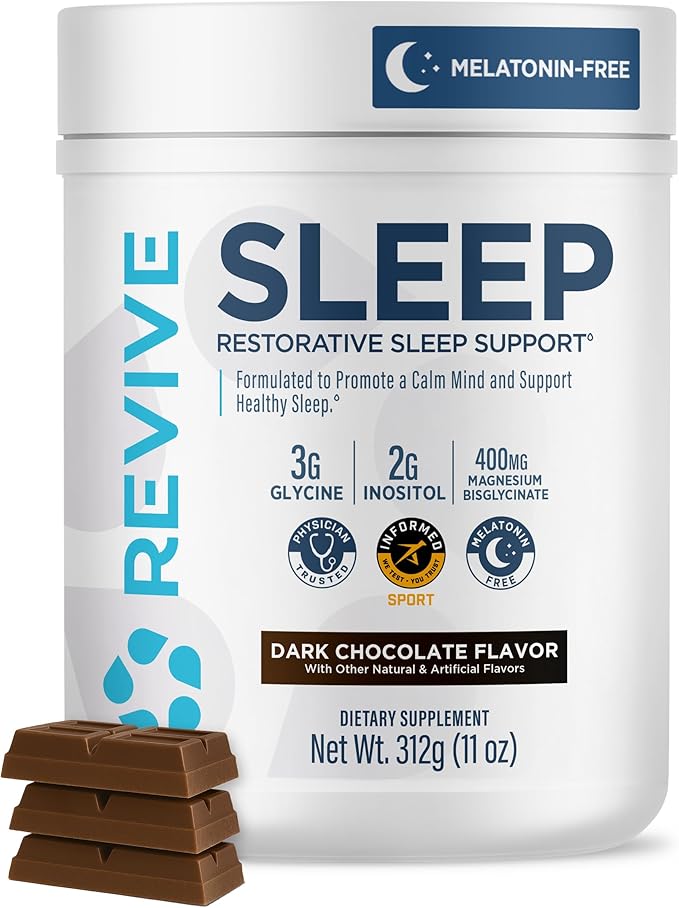 Revive MD Melatonin-Free Sleep Support Supplement for Adults Dark Chocolate - Natural Sleep Aid Supplements with Magnesium (Glycinate) Inositol &amp L-Theanine for Deep Relaxation (30 Servings)