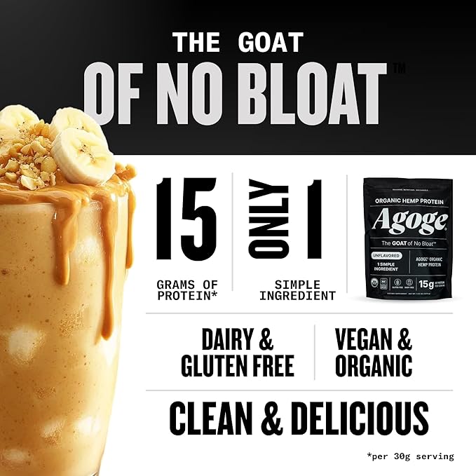 Agoge - USDA Organic Hemp Protein Powder The Goat of No Bloat NSF Certified for Sport All Flavor Essential Amino Acids Plant-Based Gluten Free for Women &amp Men (20 Servings) (Unflavored)