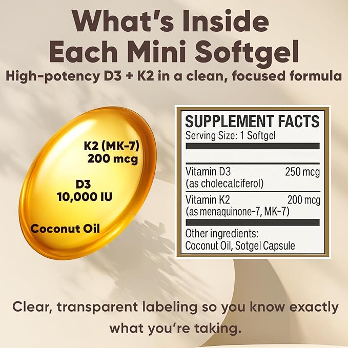 Real Good Essentials Vitamin D3 K2 RealGood Essentials D3+K2 (MK7) Coconut Oil 300 Softgels with Vitamins D &amp K 10000 Iu Supports Calcium Absorption Bone Immune.(1)