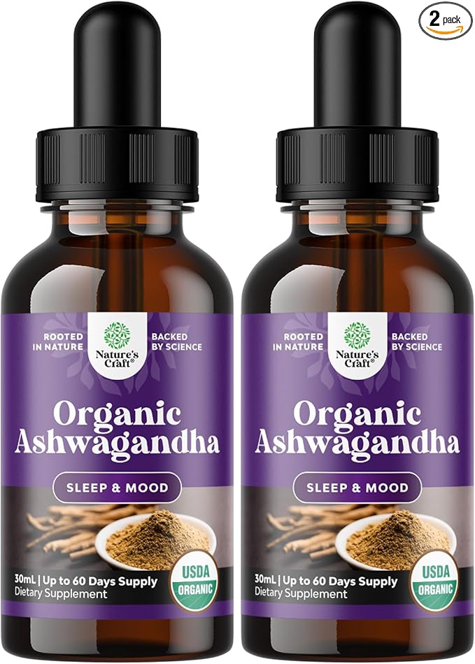 USDA Organic Ashwagandha Liquid Drops - Liquid Ashwagandha Root Extract for Stress and Mood Support - Tasty Adaptogenic Tincture Non GMO Vegan Gluten Alcohol and Sugar Free 1 Fl Oz (Pack of 2)