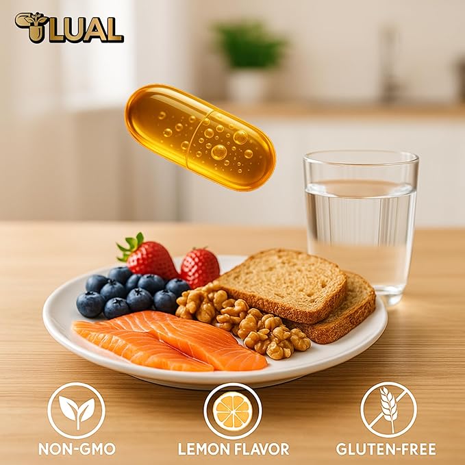 LUAL Omega-3 Fish Oil Softgels – 1000mg with EPA and DHA Lemon Flavor Burpless Non-GMO Formula for Heart Brain and Overall Wellness – 120 Count