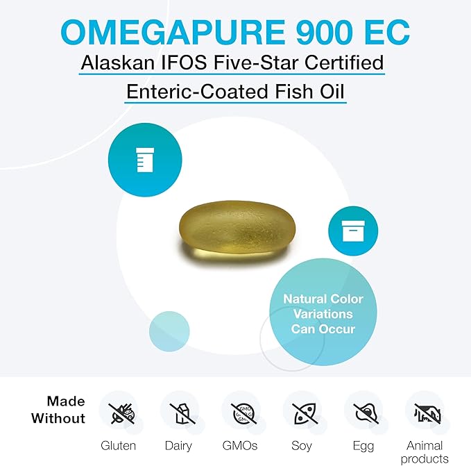 XYMOGEN OmegaPure 900 EC - Alaskan IFOS Five-Star Certified Omega 3 Fish Oil - EPA DHA Fish Oil Supplement- Support Cardiovascular and Brain Health (120 Enteric-Coated Softgels)