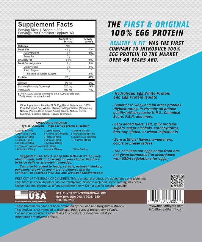 Healthy 'N Fit 100% Egg Protein- Chocolate (4lb): 100% Egg White Protein. Zero Lactose Zero Sugar.- Ultra Pure Natural Egg Protein Isolate