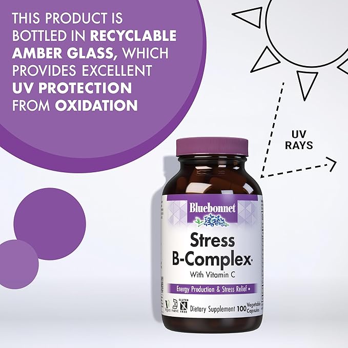 Bluebonnet Nutrition Stress Relief B Complex Vegetable Capsules Vitamin B6 B12 Biotin Folate Vegan Gluten &amp Soy &amp Milk Free Kosher Unflavored 100 Count