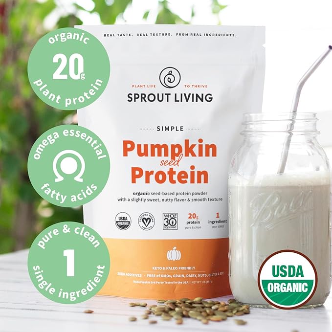 Sprout Living Organic Pumpkin Seed Protein Powder Unflavored 20 Grams of Plant Based Protein Powder Without Artificial Sweeteners Non Dairy Non-GMO Vegan Gluten Free (1 Pound 15 Servings)