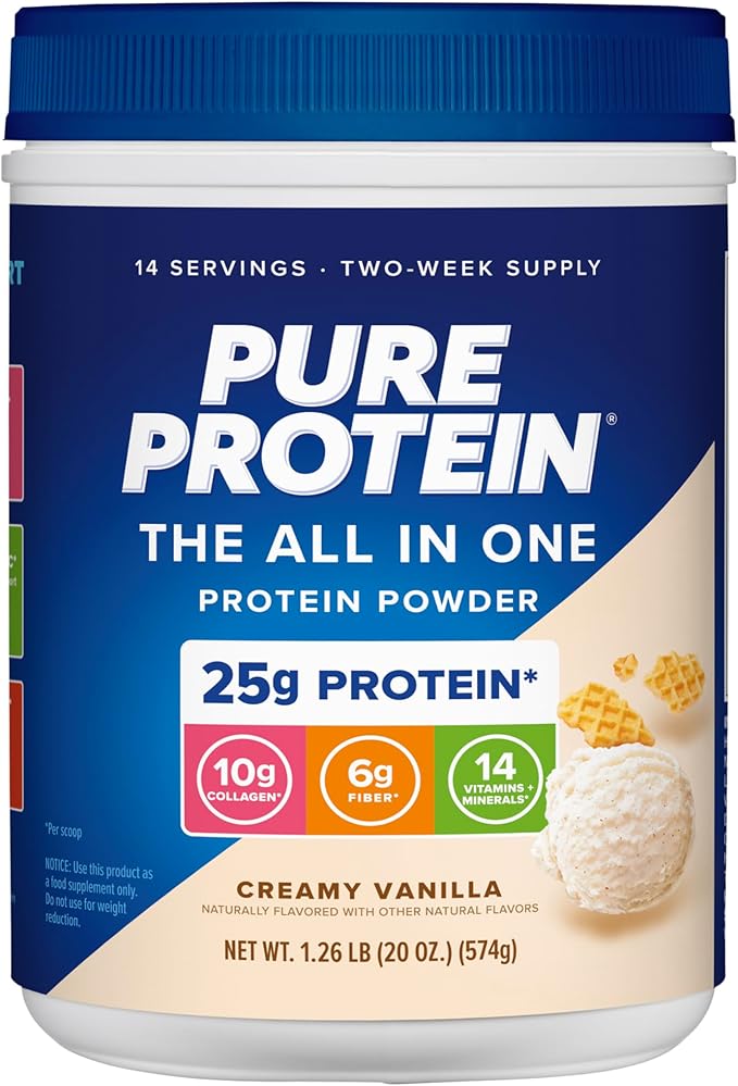 Pure Protein All-In-One Powder Vanilla - Whey &amp Collagen High Fiber Vitamins No Added Sugar Non-GMO Gluten-Free 1.25lb
