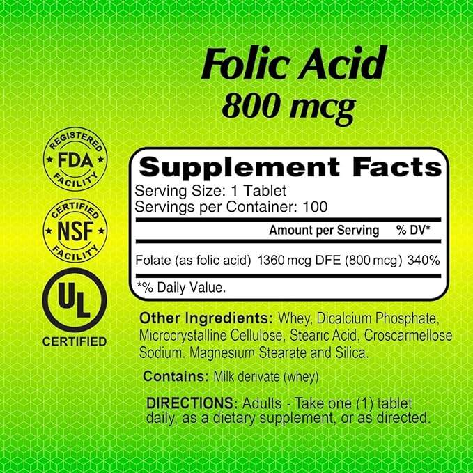 ALFA VITAMINS Folic Acid 800 mcg Prenatal Supplement Supports Cardiovascular Health Body &amp Brain Functions Red Blood Cell Formation &amp Healthy Fetal Development Dietary Supplement 100 Tabl