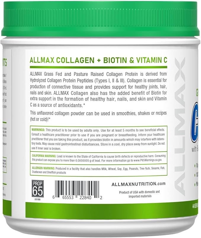 ALLMAX Collagen Powder Grass Fed &amp Pasture Raised – with Biotin (10000 mcg) &amp Vitamin C (90 mg) (440 Grams Unflavored)