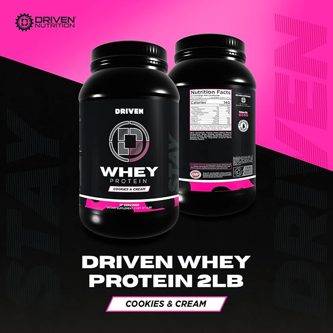 Driven WHEY- Whey Protein Powder: Delicious Clean Protein Shake- Improve Muscle Recovery with 23 Grams of Protein with Added BCAA and Digestive Enzymes (2lb Cookies &amp Cream)