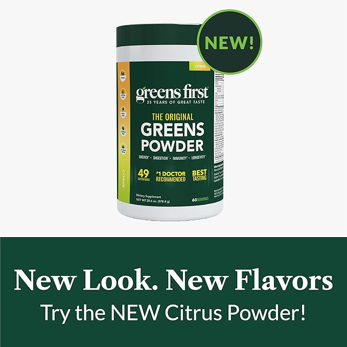 Greens First Original Greens Powder - 49 Superfoods - Organic Fruits &amp Veggies - Prebiotics Probiotics &amp Digestive Enzymes - Antioxidant Smoothie - Dairy Free/Vegan/Non-GMO (Citrus 60 Servin